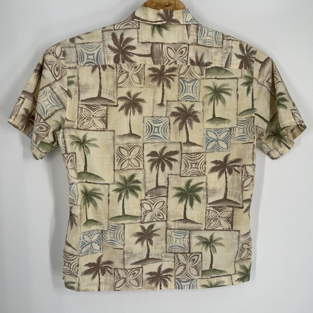 Batik Bay Mens Medium Cotton Aloha Shirt Palm Tree Tropical Geometric Tan Brown - Picture 3 of 4